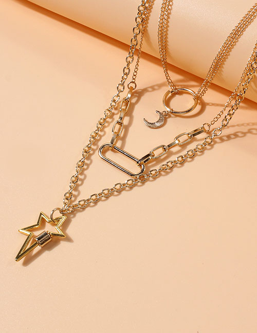 Fashion Gold Metal Moon And Star Layer Necklace