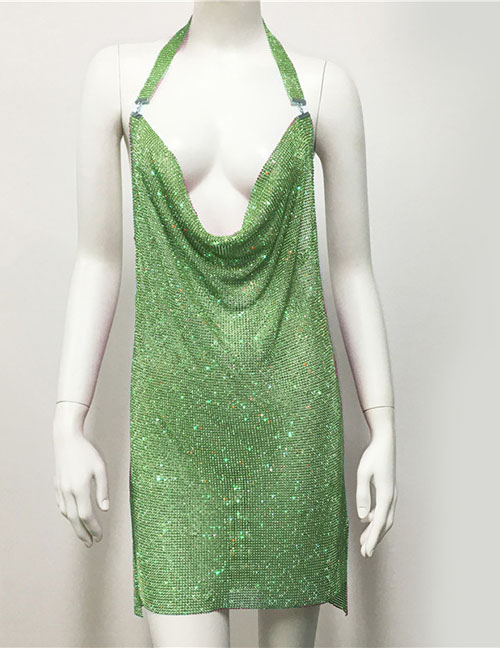 Fashion Green Metallic Sequin Halterneck Drop Collar Dress