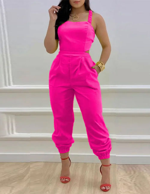 Fashion Rose Red Polyester Cutout Jumpsuit