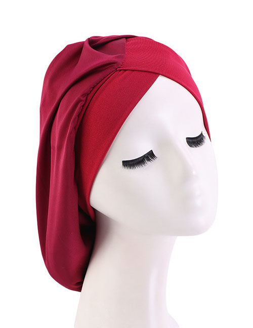 Fashion Pure Wine Red Polyester Wide Brim Pleated Nightcap