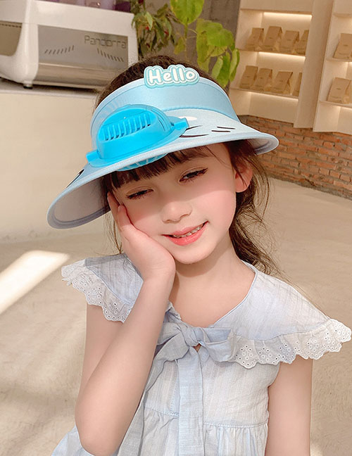 Fashion Light Blue Polyester Printed Large Brim With Fan Empty Sun Hat (with Electronics)