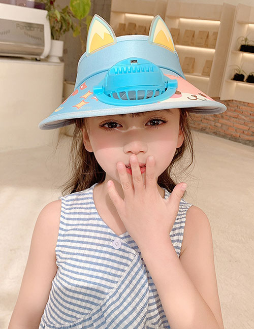 Fashion Cat Ears Fan Hat - Light Blue Polyester Printed Large Brim With Fan Empty Sun Hat (with Electronics)