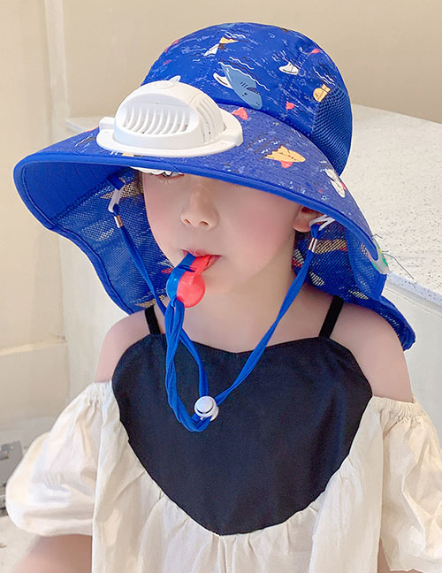 Fashion Animal Whistle Cape Fan Hat - Royal Blue Polyester Printed Sun Hat With Large Brim Neck Guard And Fan (with Electronics)