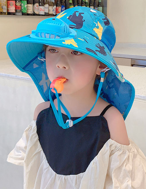 Fashion Animal Whistle Cape Fan Hat - Lake Blue Polyester Printed Sun Hat With Large Brim Neck Guard And Fan (with Electronics)