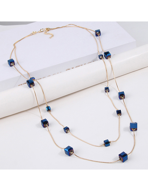 Fashion Blue Alloy Square Crystal Double Layer Necklace