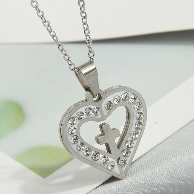 Fashion 5# Titanium Steel Diamond Love Cross Necklace