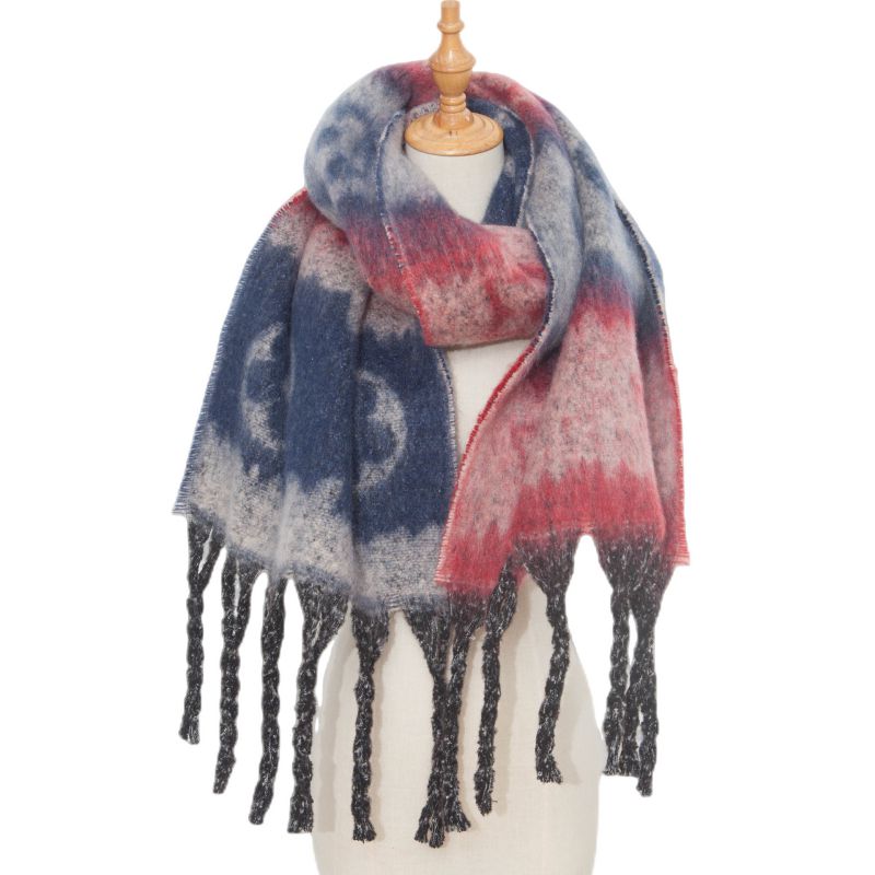 Fashion Navy Blue Polyester Jacquard Thick Fringed Scarf