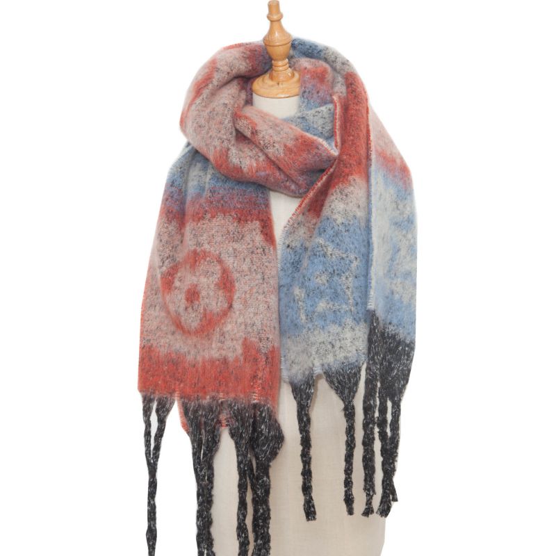 Fashion Red Polyester Jacquard Thick Fringed Scarf
