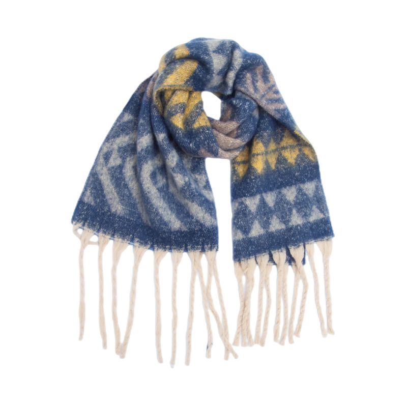 Fashion Navy Blue Polyester Jacquard Thick Fringed Scarf