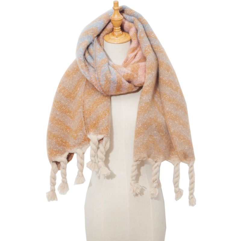 Fashion Camel Polyester Striped Knotted Chunky Braid Scarf