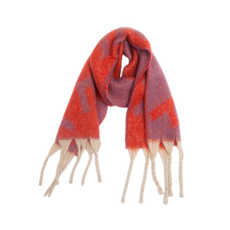 Fashion Red Polyester Jacquard Monogram Thick Fringed Scarf
