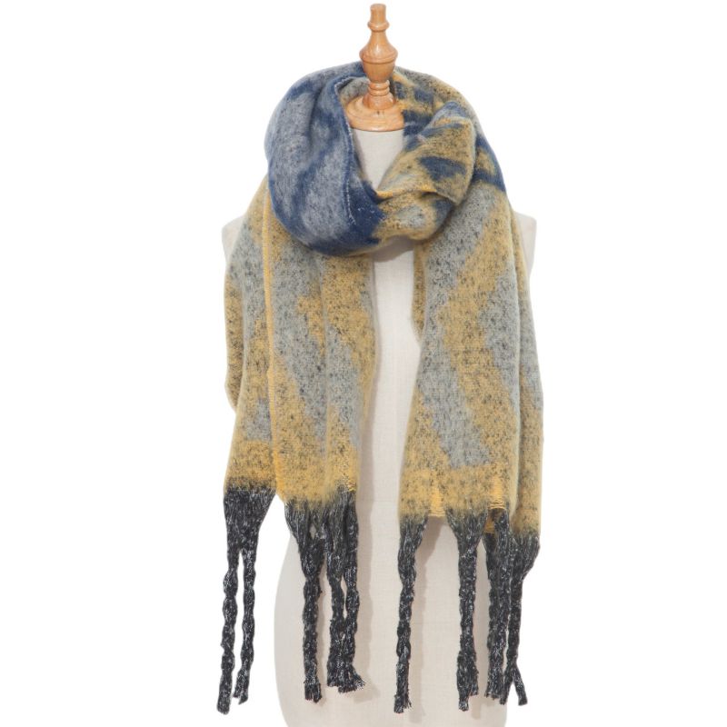 Fashion Yellow Polyester Jacquard Thick Fringed Scarf