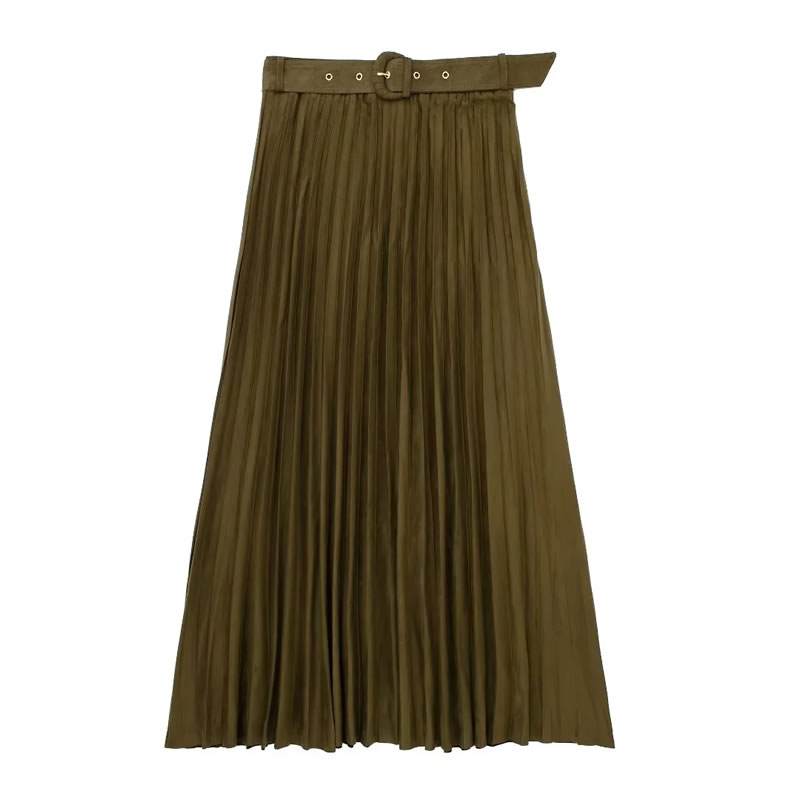 Fashion Green Suede Pleated Skirt