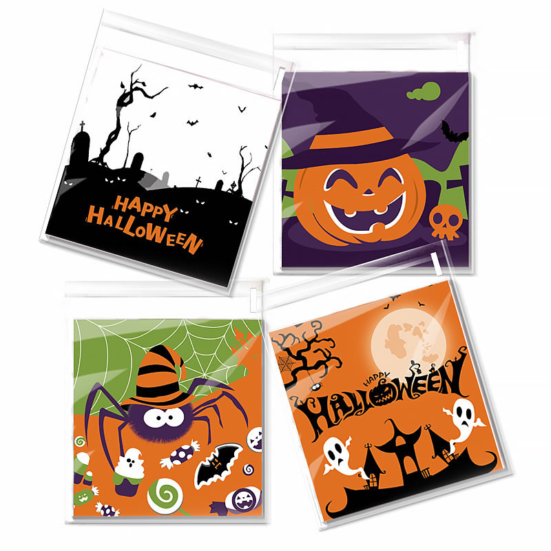 Fashion Halloween Pumpkin Spider 4-in-1 10*10+3cm [about 100 Pieces] Plastic Printed Self-adhesive Packaging Bags