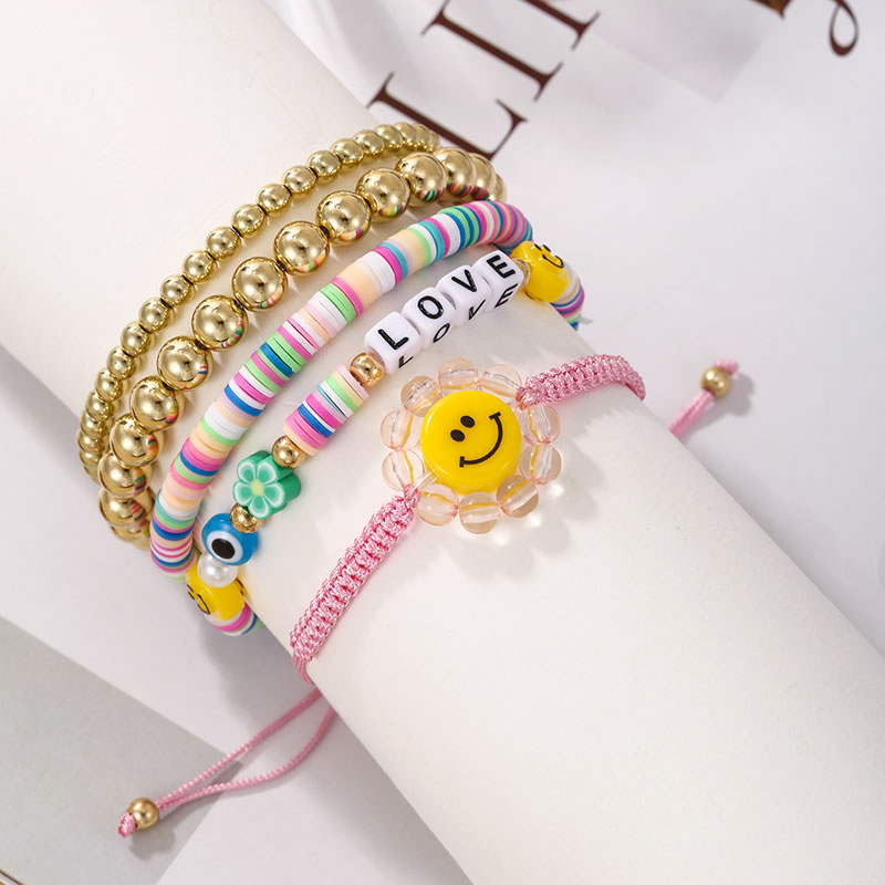 Fashion Color Colorful Soft Clay Gold Beads Beaded Letter Beads Flower Smiley Face Bracelet Set