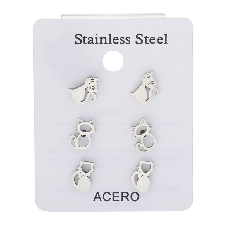 Fashion Silver Stainless Steel Cat Earring Set