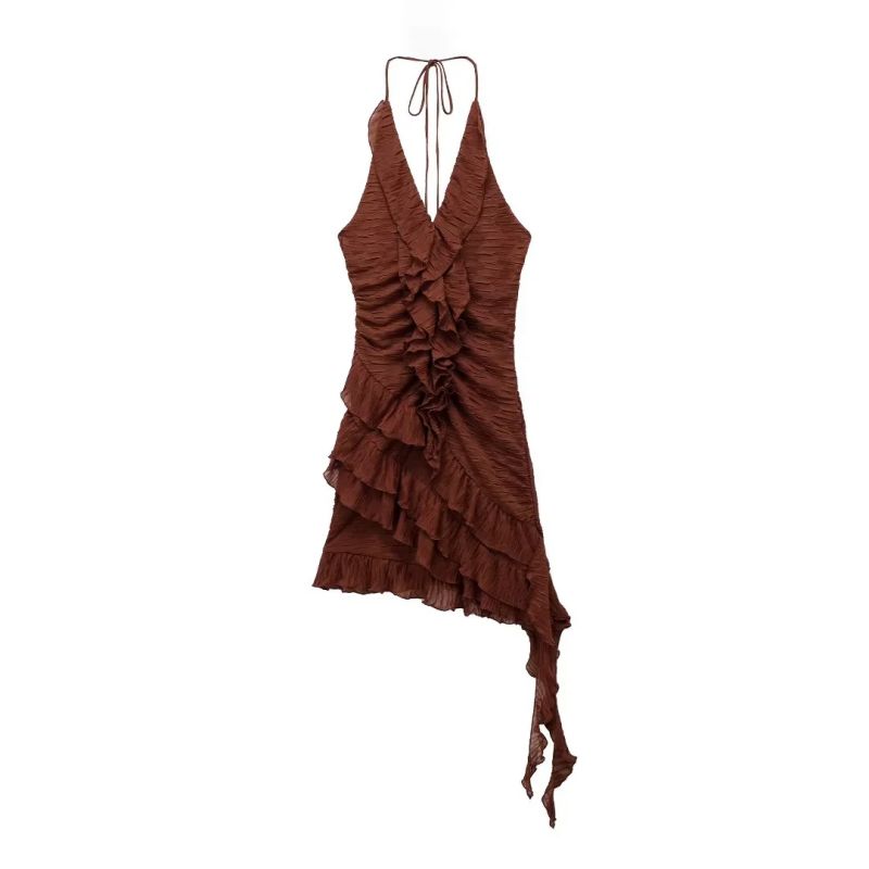 Fashion Brown Pleated Halter Neck Strappy Irregular Skirt