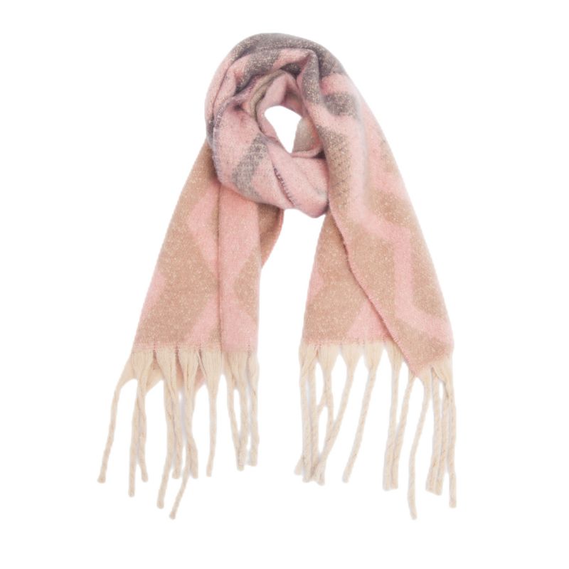 Fashion Pink Polyester Jacquard Wave Pattern Thick Fringed Scarf