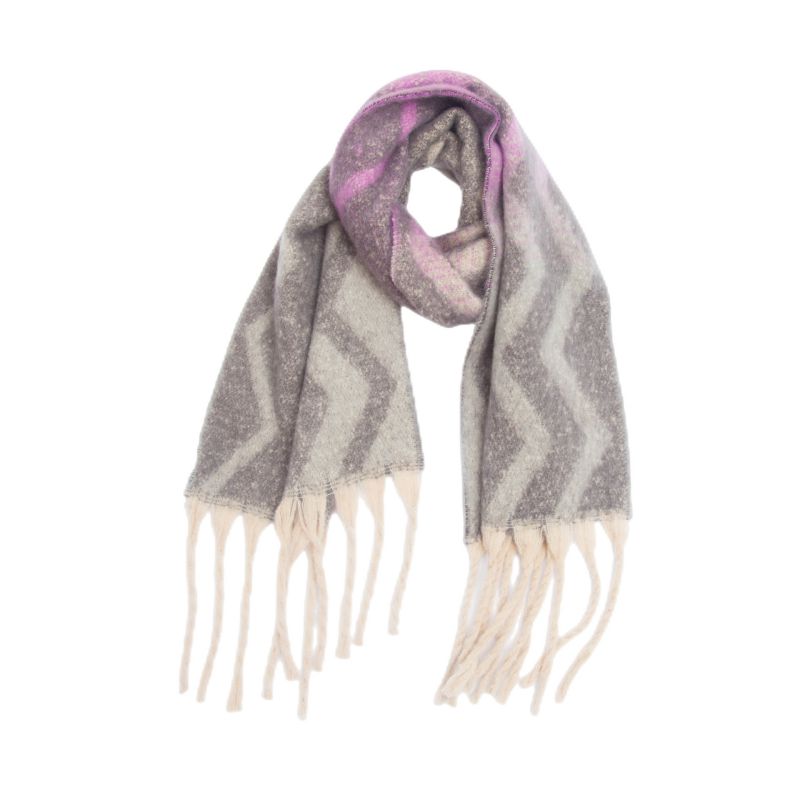 Fashion Grey Polyester Jacquard Wave Pattern Thick Fringed Scarf