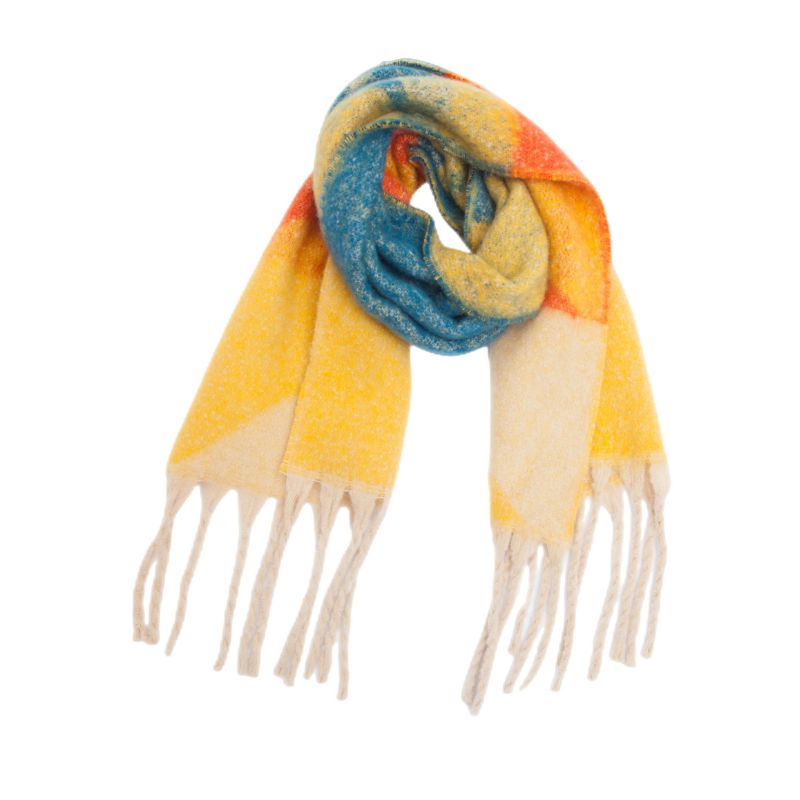 Fashion Yellow Polyester Colorblock Printed Chunky Fringed Scarf