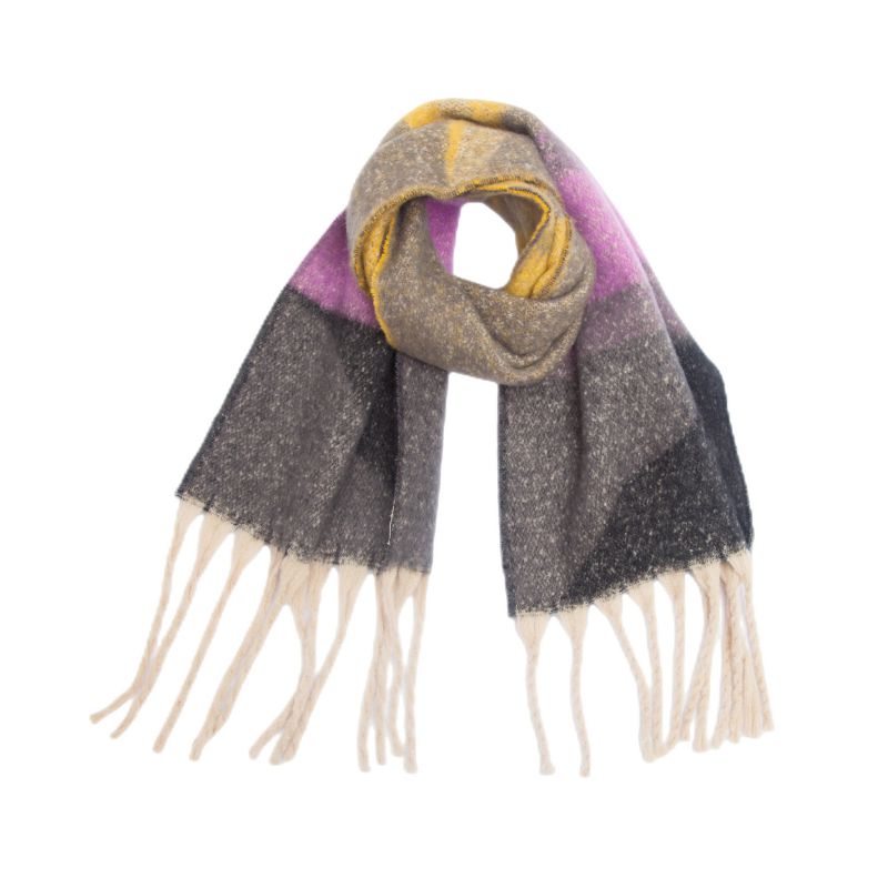 Fashion Grey Polyester Colorblock Printed Chunky Fringed Scarf