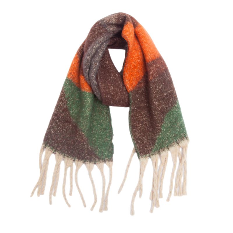 Fashion Green Orange Polyester Colorblock Printed Chunky Fringed Scarf