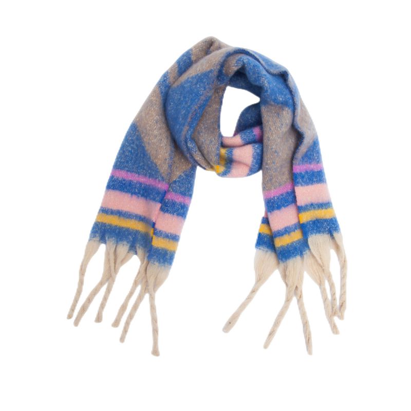 Fashion 5# Blue Polyester Striped Printed Chunky Fringe Scarf