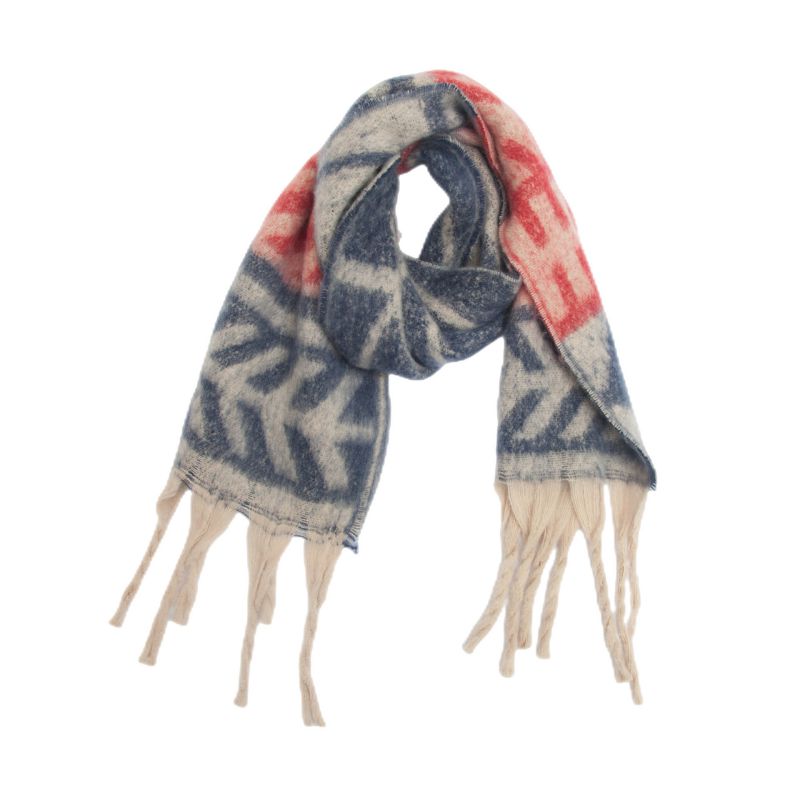 Fashion 01#navy Red Polyester Printed Chunky Fringe Scarf