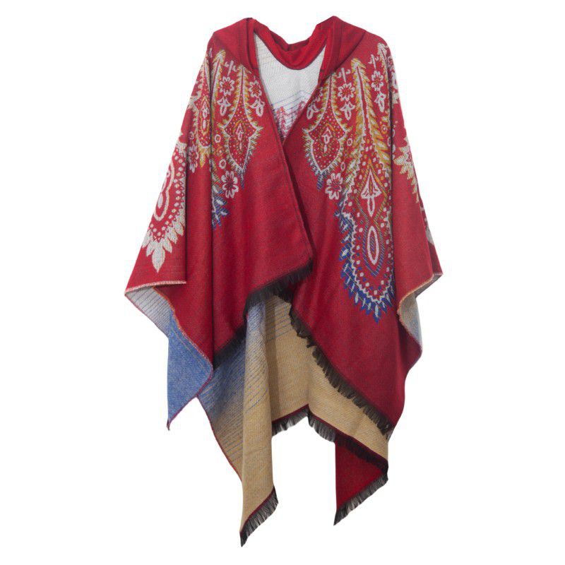 Fashion Red Acrylic Printed Hooded Cape