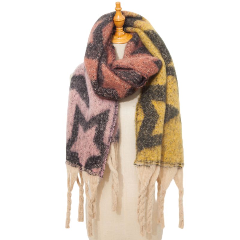 Fashion Pinkyellow Polyester Printed Chunky Fringed Scarf