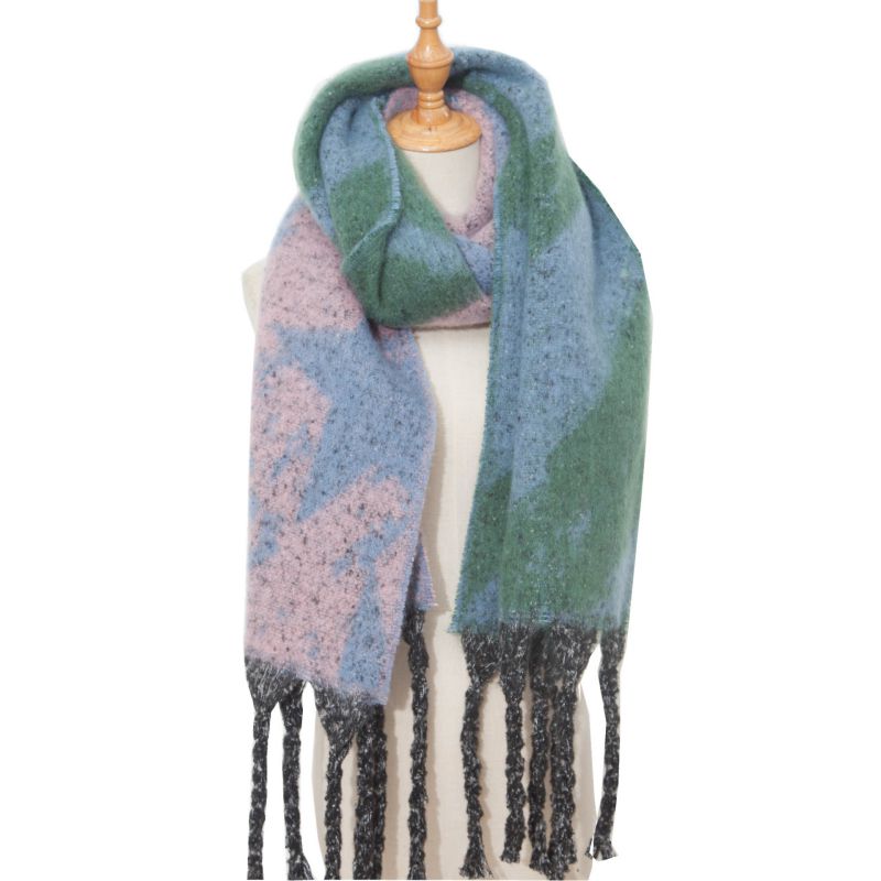Fashion 06# Blue Polyester Printed Chunky Fringed Scarf
