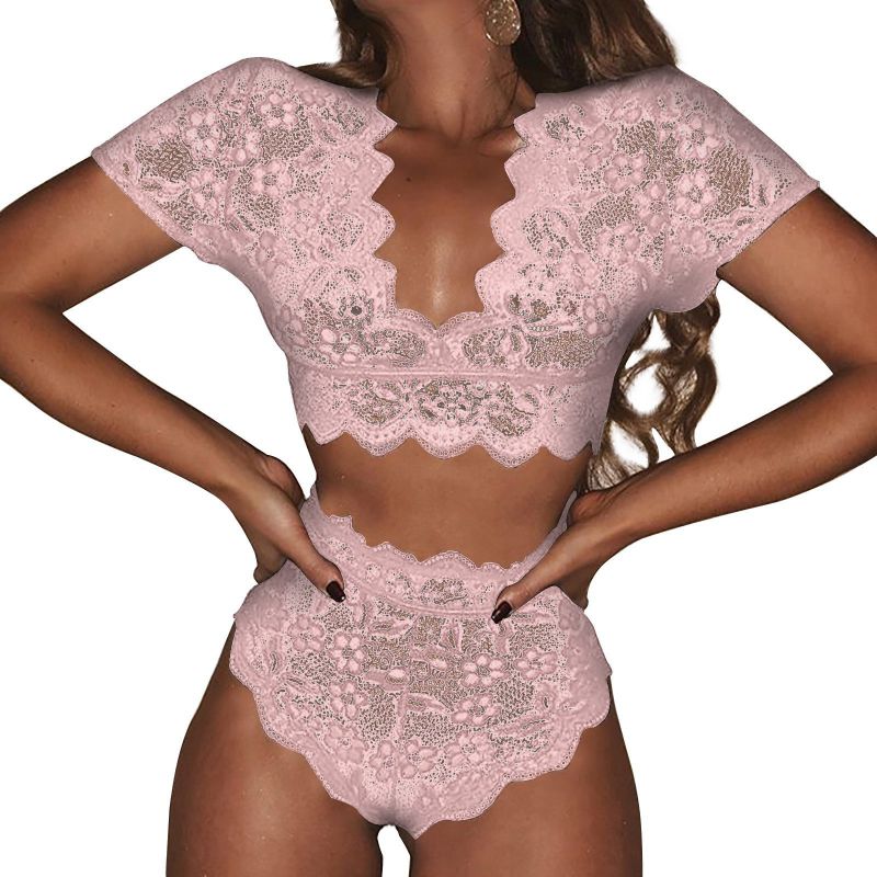Fashion Pink Lace Hollow V-neck Underwear Set