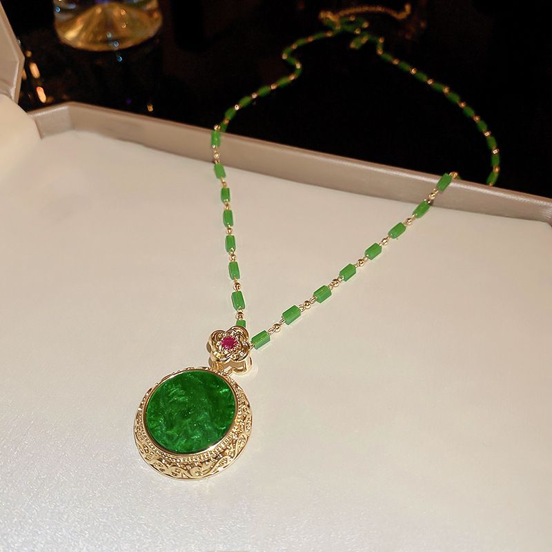 Fashion Necklace-green (real Gold Plating) Alloy Round Diamond Flower Necklace