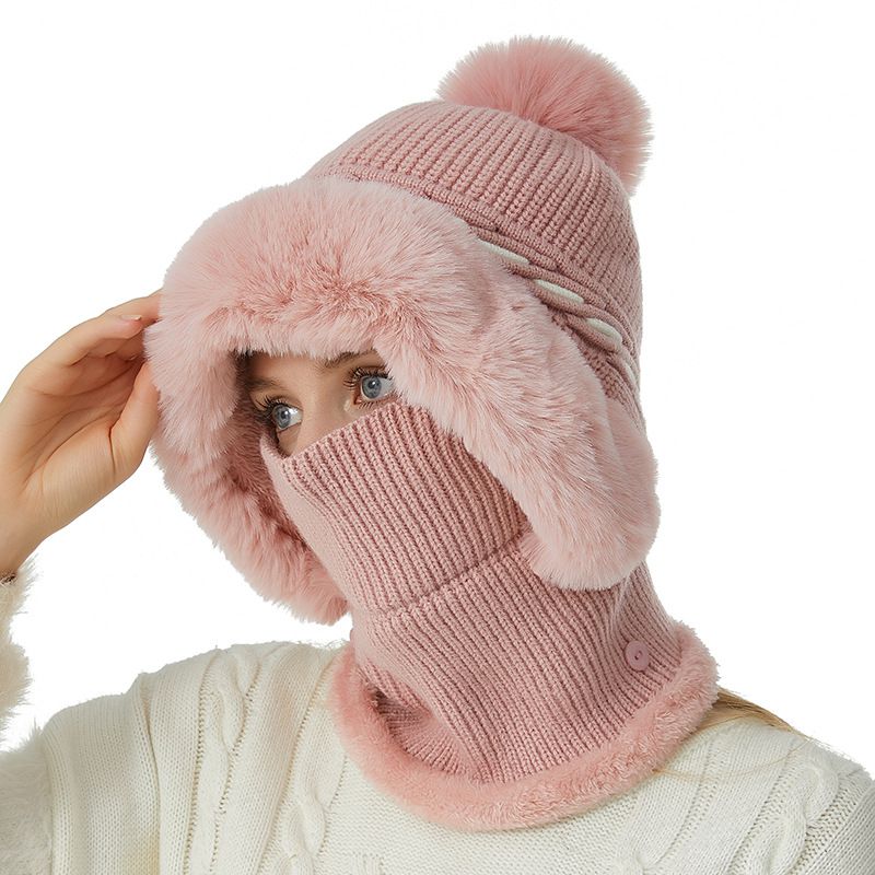 Fashion Colorblock Twist Hair Ball One-piece Kit Pink Polyester Color-blocked Twist Knitted Neck Gaiter Integrated Hood