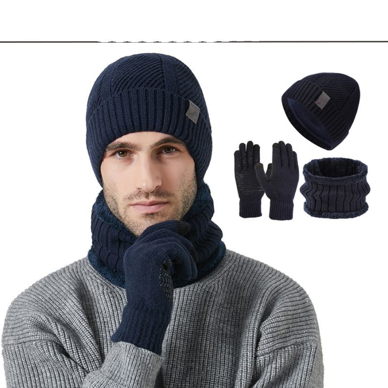 Fashion Navy Blue Acrylic Knitted Scarf And Beanie Five-finger Gloves Three-piece Set