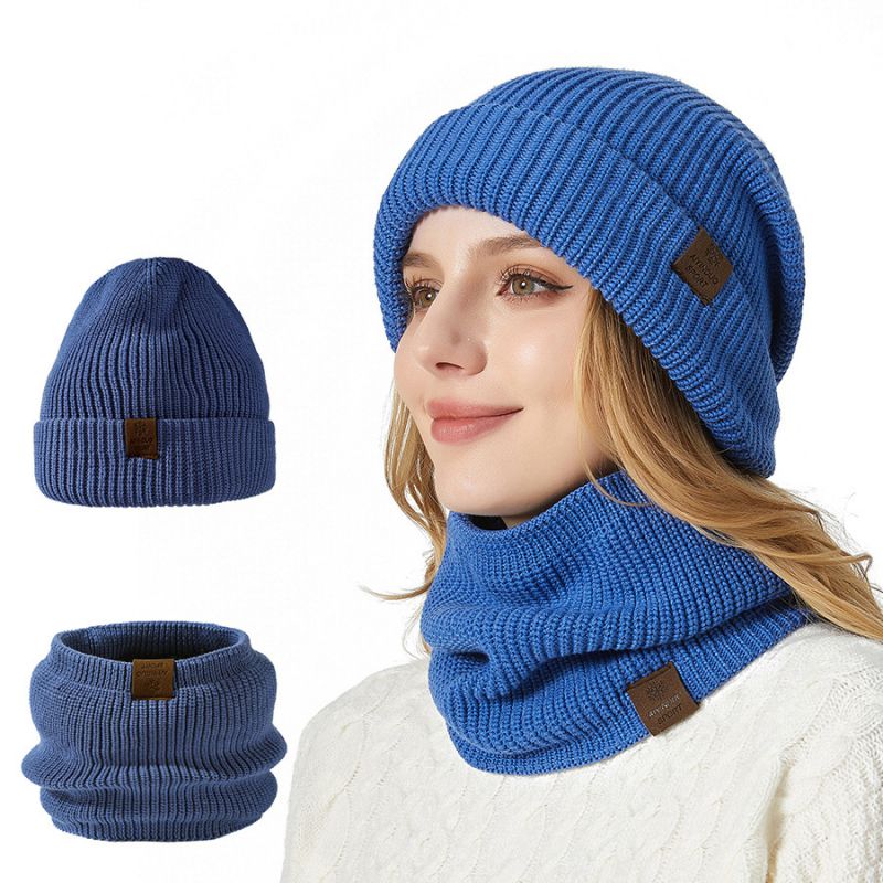 Fashion Blue Acrylic Knitted Patch Beanie And Scarf Set