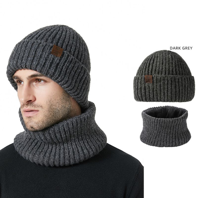 Fashion Grey Acrylic Knitted Patch Beanie And Scarf Set