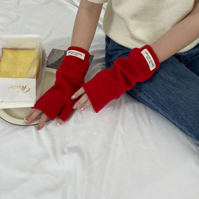 Fashion New Year Red Wool Knit Patch Half Finger Gloves
