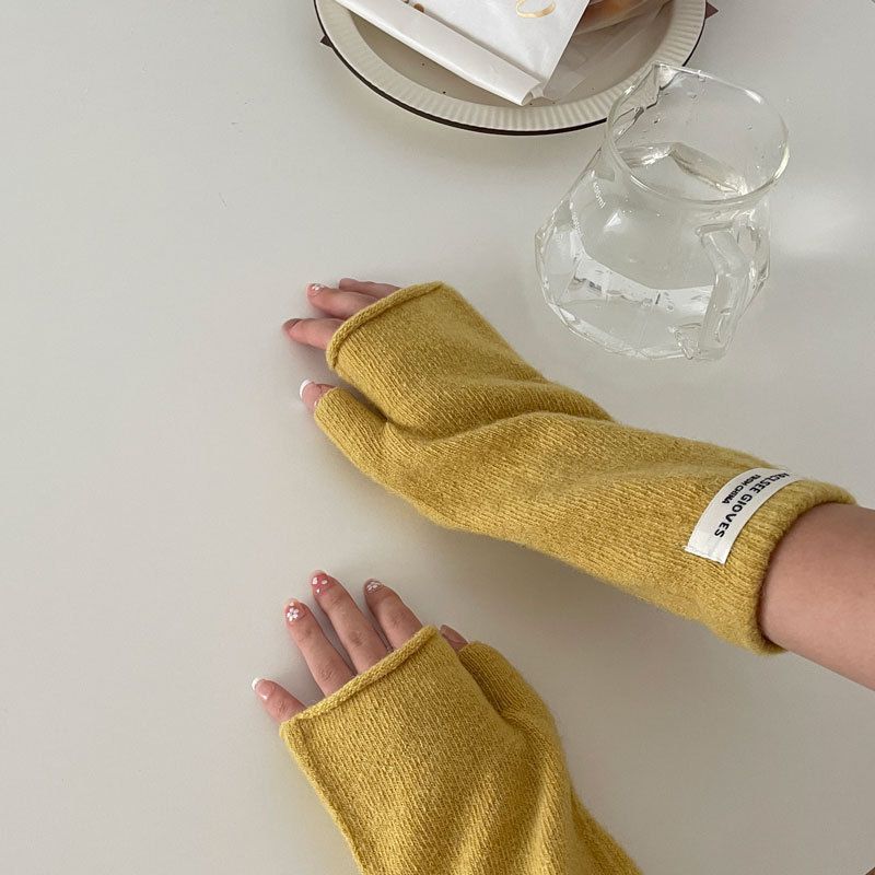 Fashion Light Yellow Wool Knit Patch Half Finger Gloves