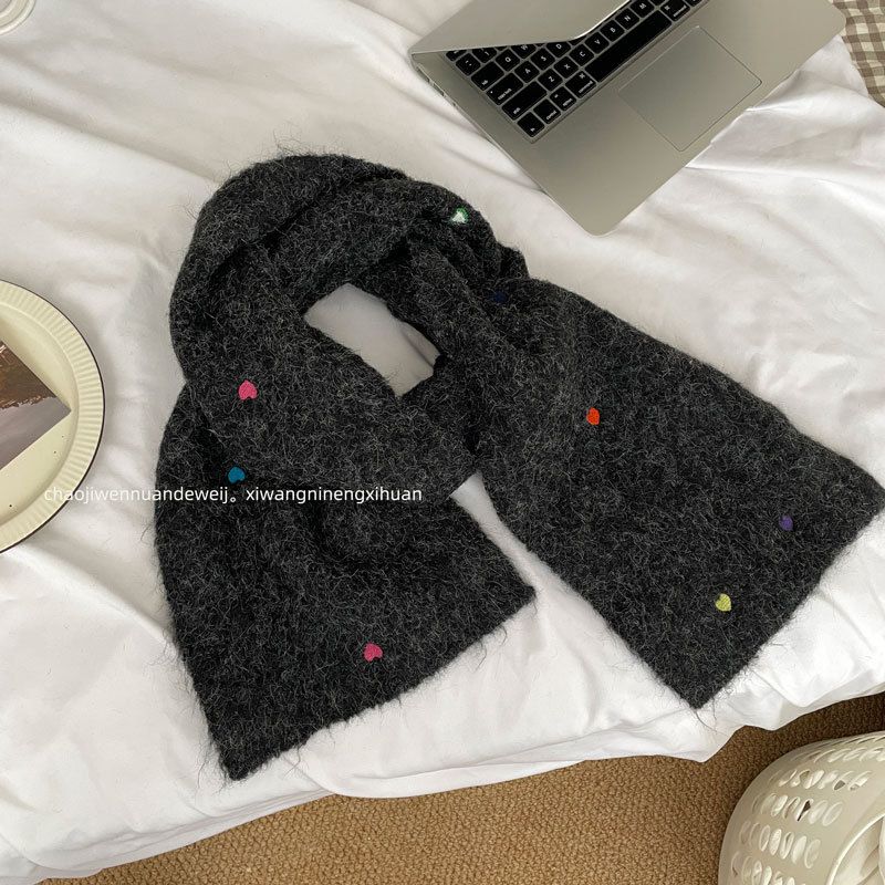 Fashion Black Love Embroidered Wool Scarf