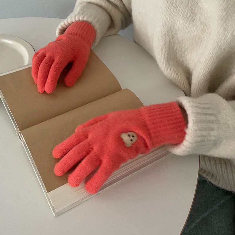 Fashion Orange Embroidered Bear Five-pointer Knitted Gloves
