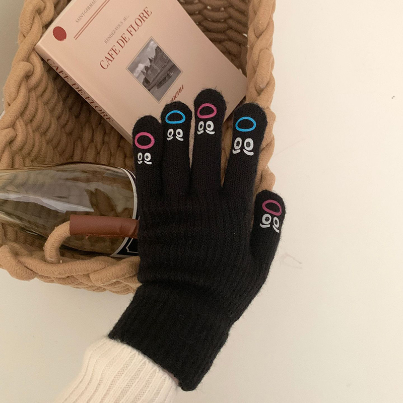 Fashion Black Emoji Printed Knitted Five-finger Gloves