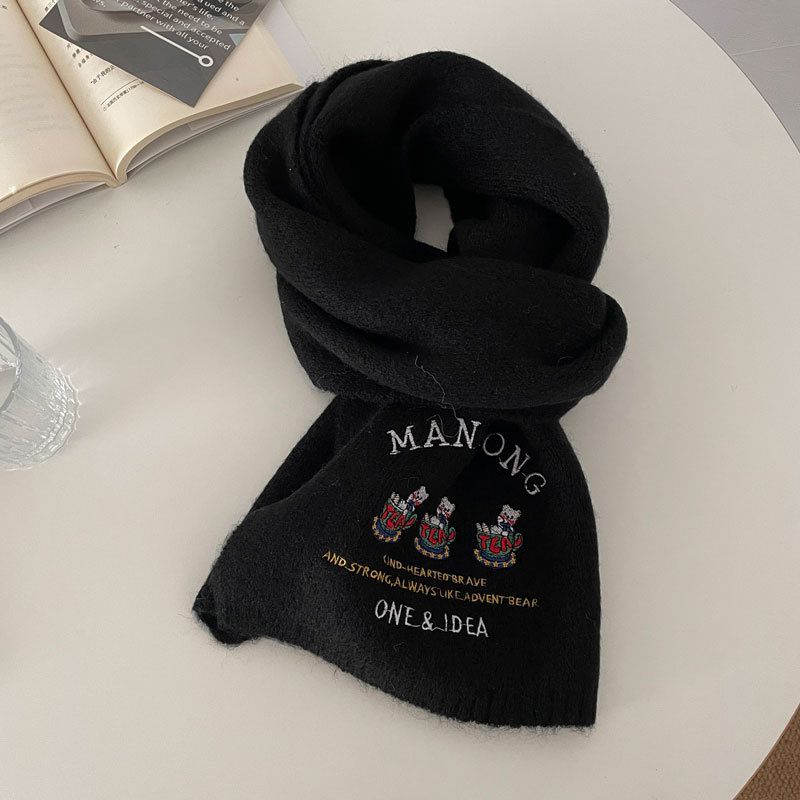 Fashion Black Wool Embroidered Knitted Scarf