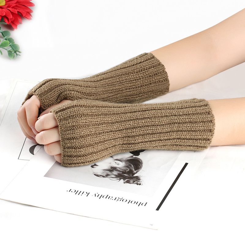 Fashion Khaki Wool Knitted Fingerless Gloves