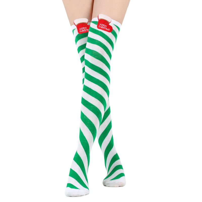 Fashion 21 Green And White Twill/boots Polycotton Twill Three-dimensional Christmas High Socks
