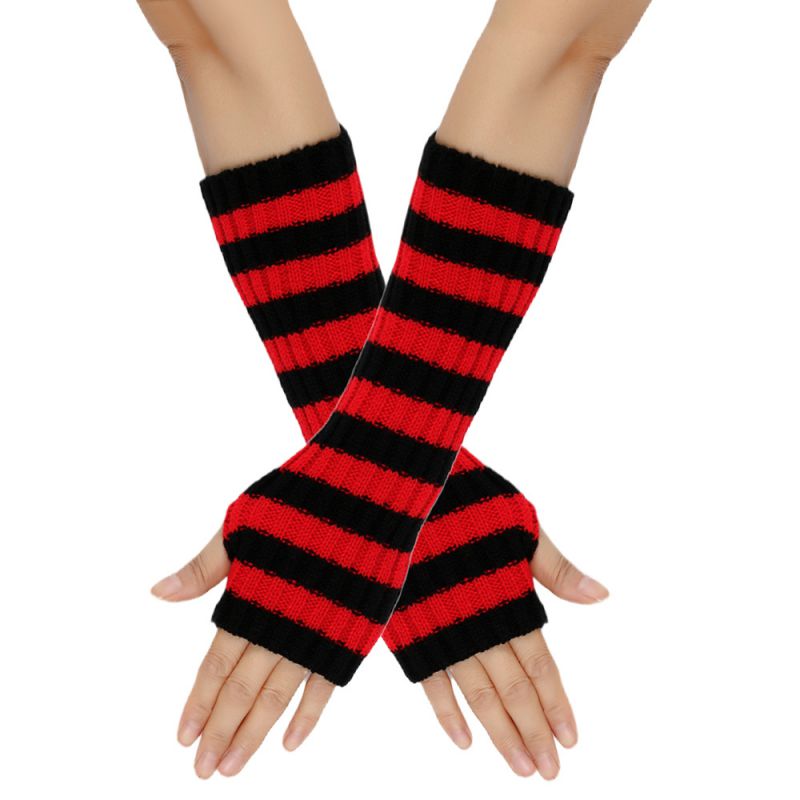 Fashion 1# Red And Black Strips Wool Knitted Striped Fingerless Gloves