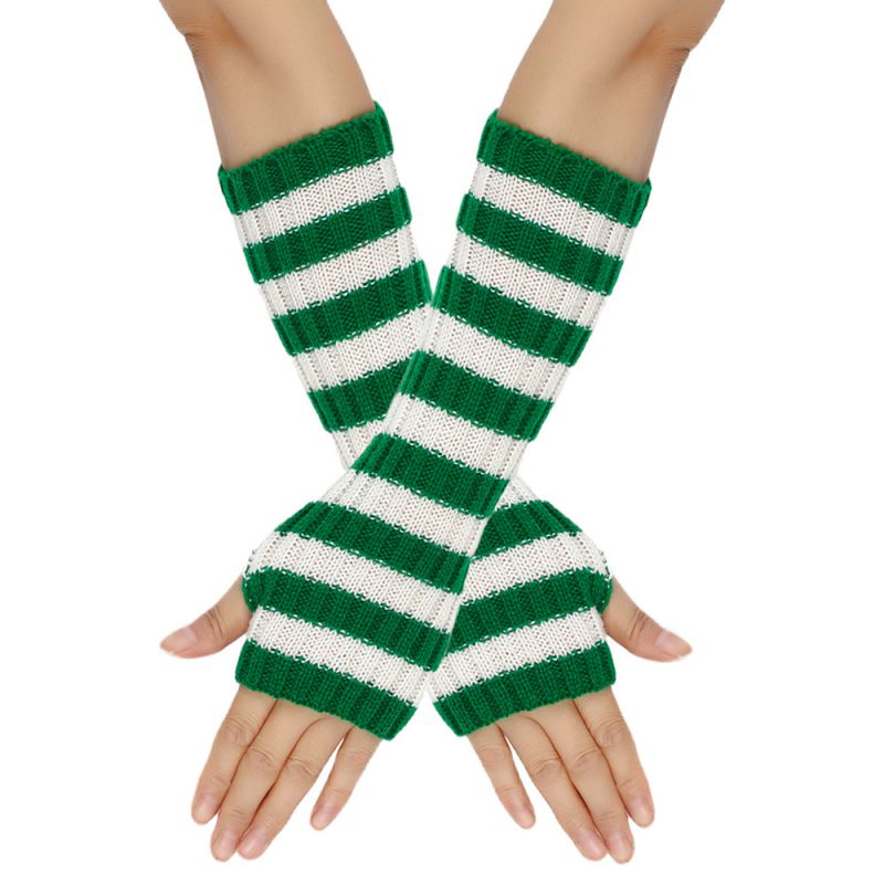 Fashion 5# Green And White Strips Wool Knitted Striped Fingerless Gloves