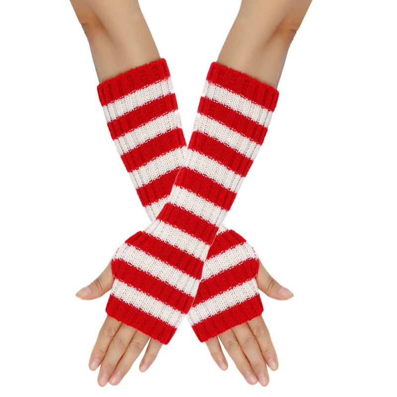 Fashion 6# Red And White Strips Wool Knitted Striped Fingerless Gloves