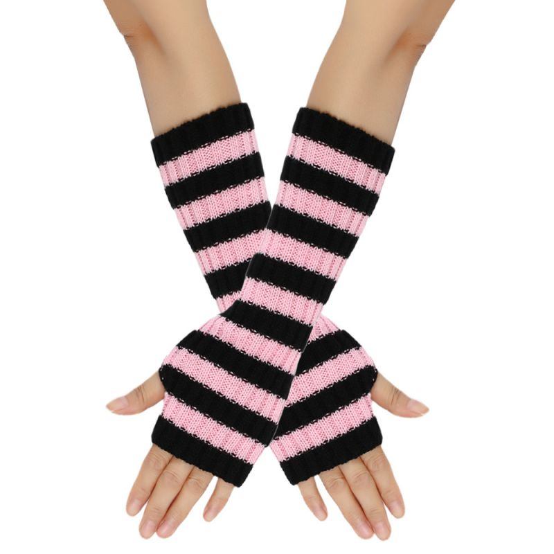 Fashion 7# Pink And Black Strips Wool Knitted Striped Fingerless Gloves