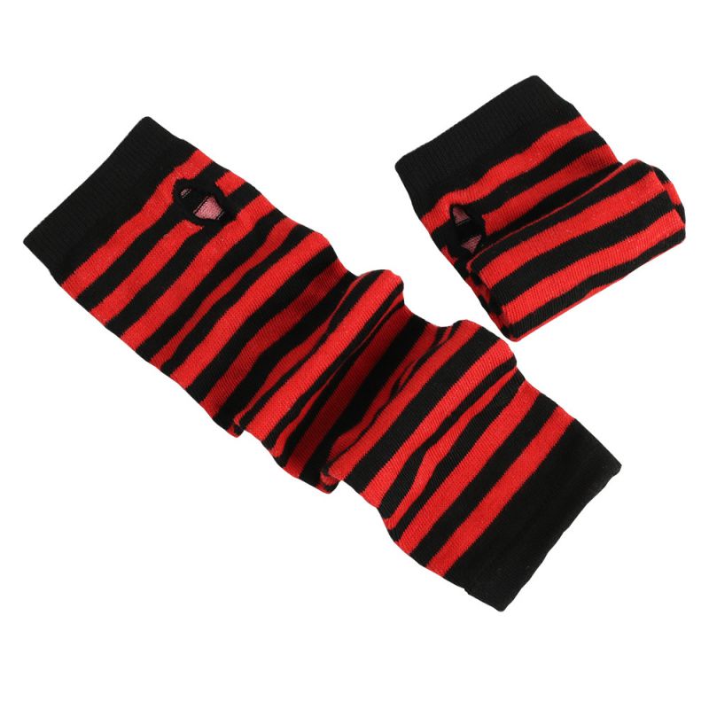 Fashion Red Black/stripes 9 Polyester Striped Knit Long Fingerless Gloves